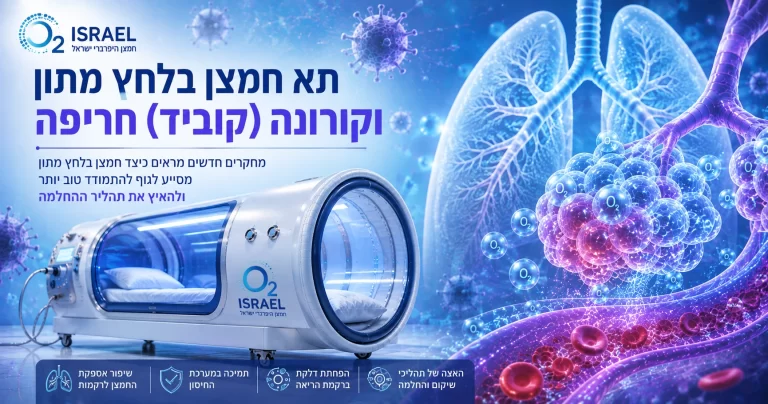 "תא חמצן בלחץ מתון וקורונה (קוביד) חריפה - איור של תא לחץ היפרברי לצד ריאות, מולקולות חמצן ותאי דם, המדגים את התמיכה הנשימתית בתהליך ההחלמה"איור של תא לחץ היפרברי לצד ריאות, מולקולות חמצן ותאי דם, המדגים את התמיכה הנשימתית בתהליך ההחלמה"