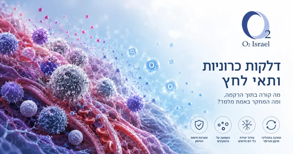דלקת כרונית ברקמה – המחשה מדעית של תאי מערכת החיסון, כלי דם וחמצן היפרברי (HBOT) כחלק מתהליכי התיקון של הגוף.