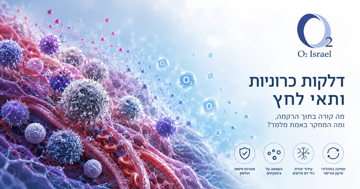 דלקת כרונית ברקמה – המחשה מדעית של תאי מערכת החיסון, כלי דם וחמצן היפרברי (HBOT) כחלק מתהליכי התיקון של הגוף.