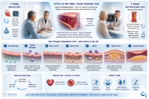 איור מדעי המציג את תפקיד האנדותל בהתפתחות טרשת עורקים ויתר לחץ דם, מהפגיעה בשכבת האנדותל דרך ירידה בתחמוצת החנקן (NO), חדירת LDL, דלקת והיווצרות רובד טרשתי ועד היצרות העורק.