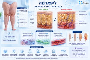 יפאדמה – המחשה רפואית של רגליים עם ליפאדמה והשוואה בין רקמת שומן תקינה לרקמת שומן דלקתית, המדגימה את השינויים ברקמה, כלי הדם, מערכת הלימפה והתהליכים הביולוגיים הנחקרים במחלה.