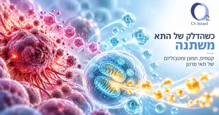 איור מדעי של קטוזיס ותא חמצן בסרטן, המדגים את הקשר בין גלוקוז, גופי קטון, חמצן ומטבוליזם של תאי סרטן.