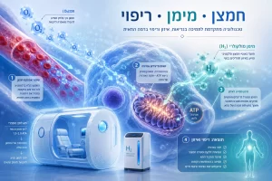 איור ביולוגי של שילוב חמצן היפרברי ומימן מולקולרי בתמיכה באנרגיה תאית, מיטוכונדריה וריפוי.