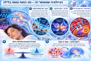 אינפוגרפיקה מדעית המציגה את פעילות המוח בזמן השינה: פינוי פסולת באמצעות המערכת הגלימפטית, חיזוק זיכרונות, ייצור אנרגיה בתאי המוח בעזרת חמצן ו-ATP, מעבר מערכת העצבים למצב מנוחה והתאוששות והקשר הדו־סטרי בין איכות השינה לתהליכי דלקת בגוף.