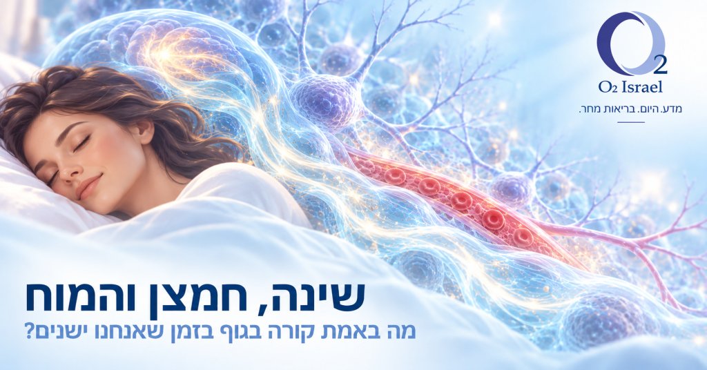 איור מדעי המתאר את הקשר בין שינה עמוקה, חמצן ופעילות המוח, כולל זרימת נוזל המוח והשדרה, פינוי פסולת באמצעות המערכת הגלימפטית ותהליכי התאוששות המוח בזמן השינה.