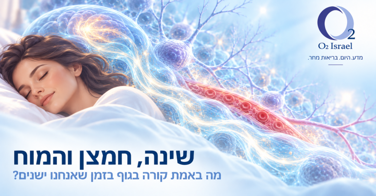 איור מדעי המתאר את הקשר בין שינה עמוקה, חמצן ופעילות המוח, כולל זרימת נוזל המוח והשדרה, פינוי פסולת באמצעות המערכת הגלימפטית ותהליכי התאוששות המוח בזמן השינה.